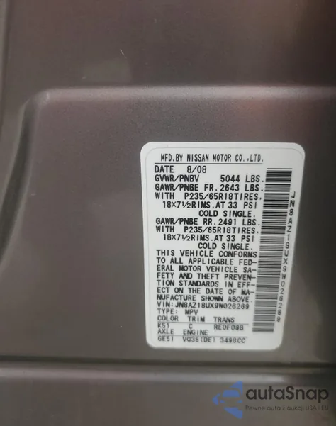 2009 Nissan Murano S z USA, uszkodzony, nr VIN JN8AZ18UX9W026269